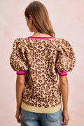 BiBi Leopard Pattern Puff Sleeve V-neck Sweater Top - Desert Sunday