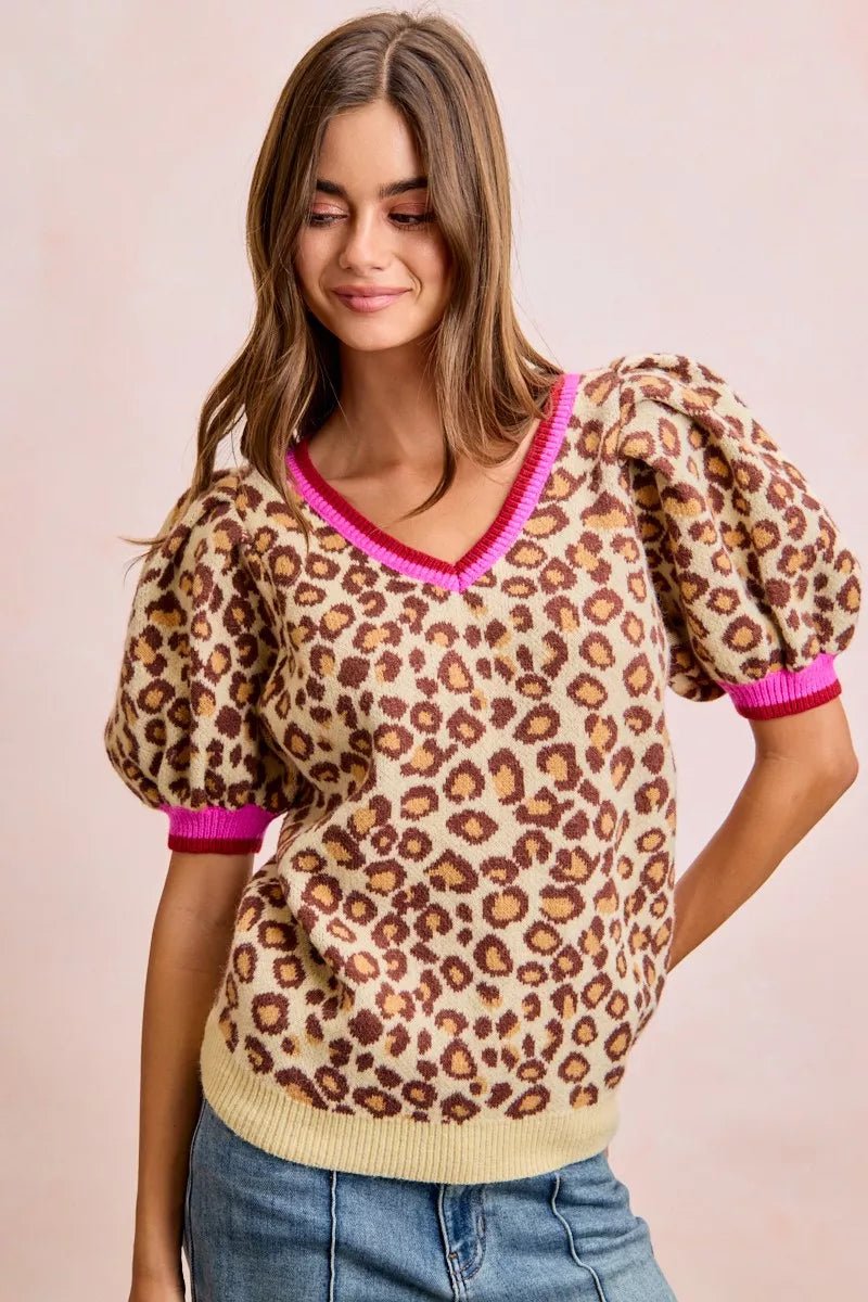 BiBi Leopard Pattern Puff Sleeve V-neck Sweater Top - Desert Sunday