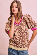 BiBi Leopard Pattern Puff Sleeve V-neck Sweater Top - Desert Sunday