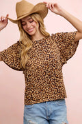 BiBi Leopard Printed Spandex Jersey Ruffle Sleeve Top - Desert Sunday