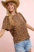 BiBi Leopard Printed Spandex Jersey Ruffle Sleeve Top - Desert Sunday