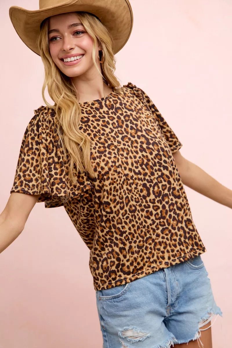 BiBi Leopard Printed Spandex Jersey Ruffle Sleeve Top - Desert Sunday