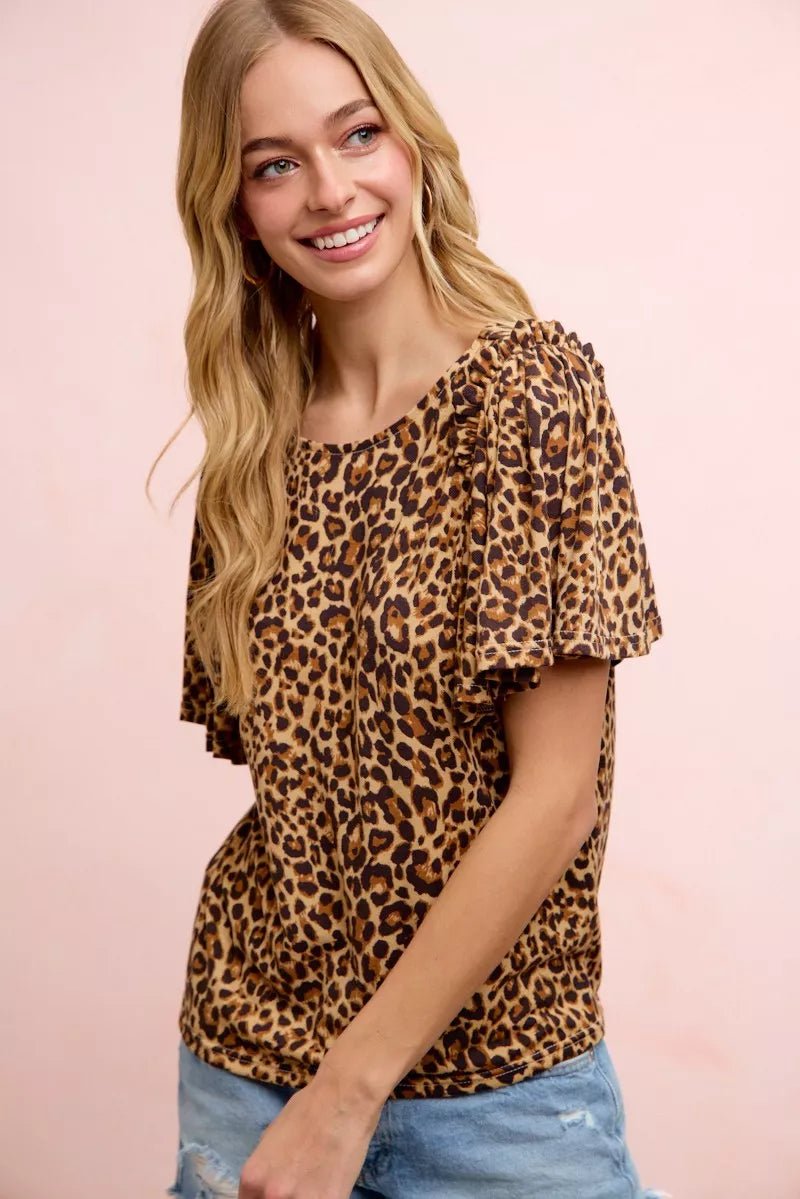 BiBi Leopard Printed Spandex Jersey Ruffle Sleeve Top - Desert Sunday