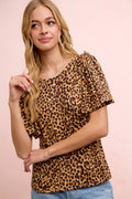 BiBi Leopard Printed Spandex Jersey Ruffle Sleeve Top - Desert Sunday