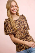 BiBi Leopard Printed Spandex Jersey Ruffle Sleeve Top - Desert Sunday