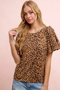 BiBi Leopard Printed Spandex Jersey Ruffle Sleeve Top - Desert Sunday