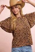 BiBi Leopard Printed Spandex Jersey Ruffle Sleeve Top - Desert Sunday