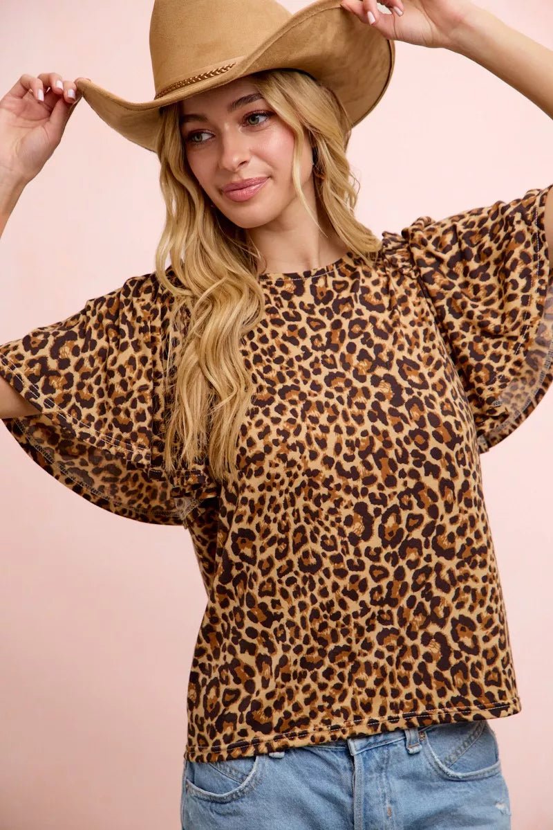 BiBi Leopard Printed Spandex Jersey Ruffle Sleeve Top - Desert Sunday