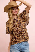 BiBi Leopard Printed Spandex Jersey Ruffle Sleeve Top - Desert Sunday