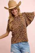 BiBi Leopard Printed Spandex Jersey Ruffle Sleeve Top - Desert Sunday