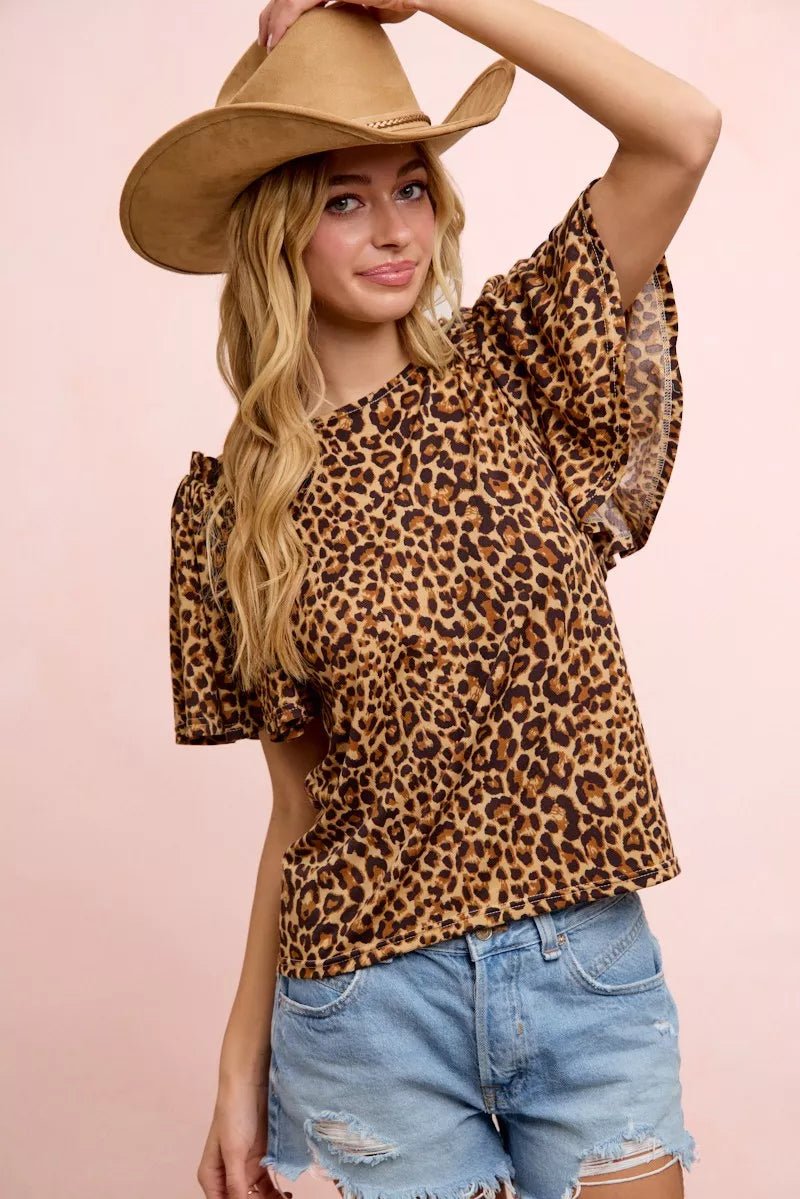 BiBi Leopard Printed Spandex Jersey Ruffle Sleeve Top - Desert Sunday