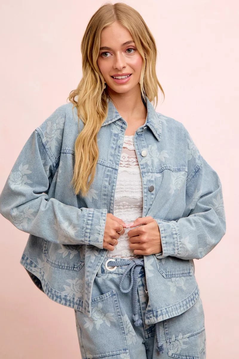 BiBi Printed Washed Denim Jacket With Pocket - Desert Sunday