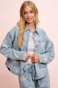 BiBi Printed Washed Denim Jacket With Pocket - Desert Sunday
