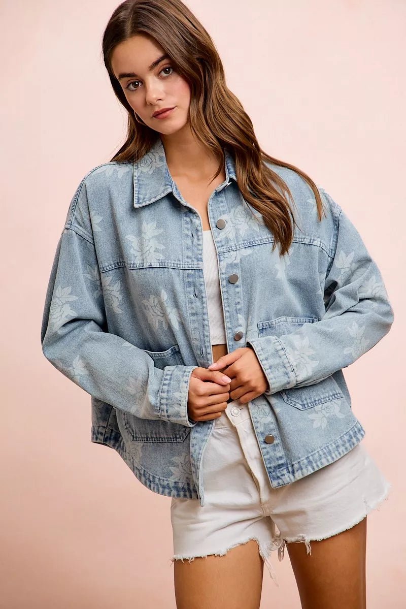 BiBi Printed Washed Denim Jacket With Pocket - Desert Sunday