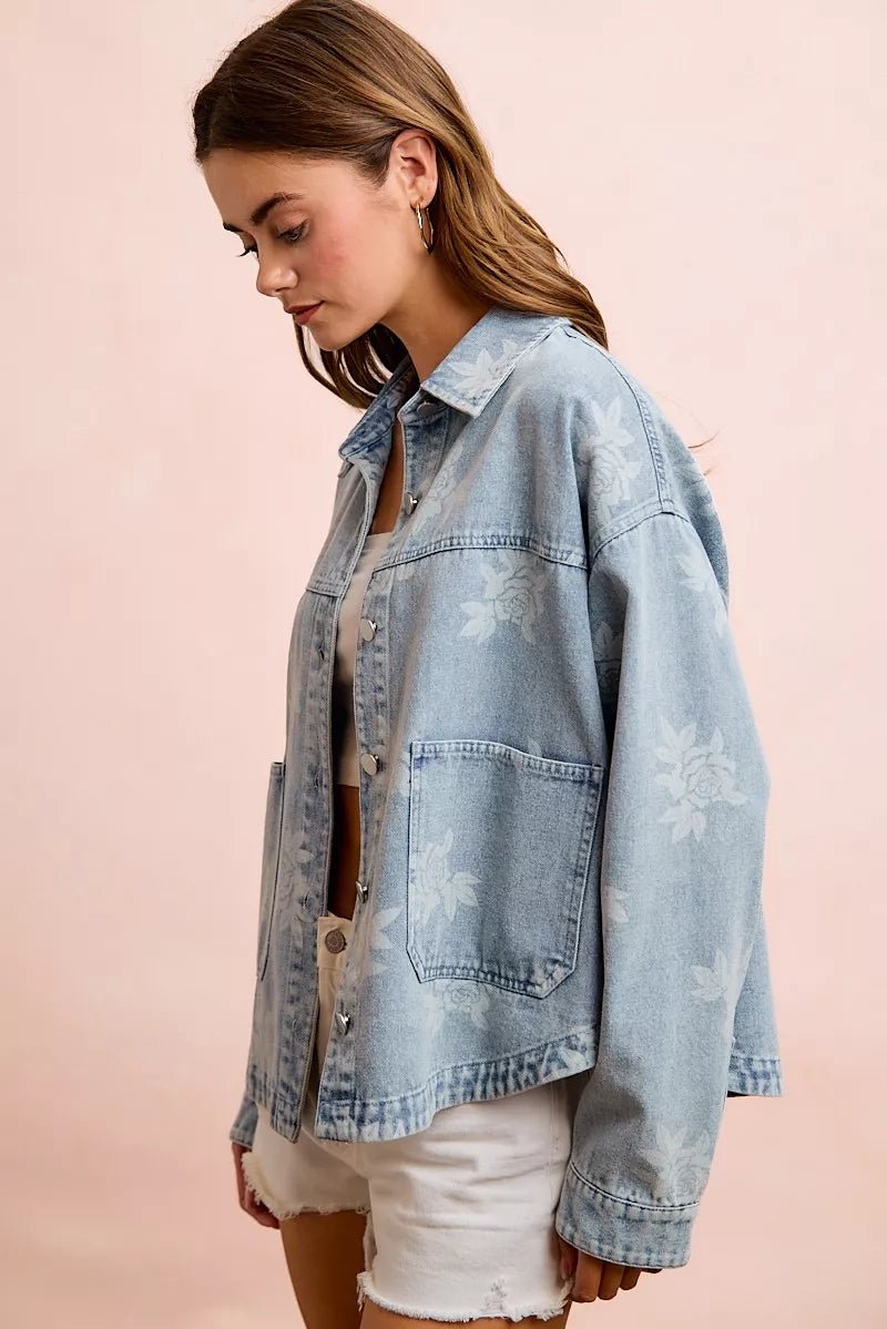 BiBi Printed Washed Denim Jacket With Pocket - Desert Sunday