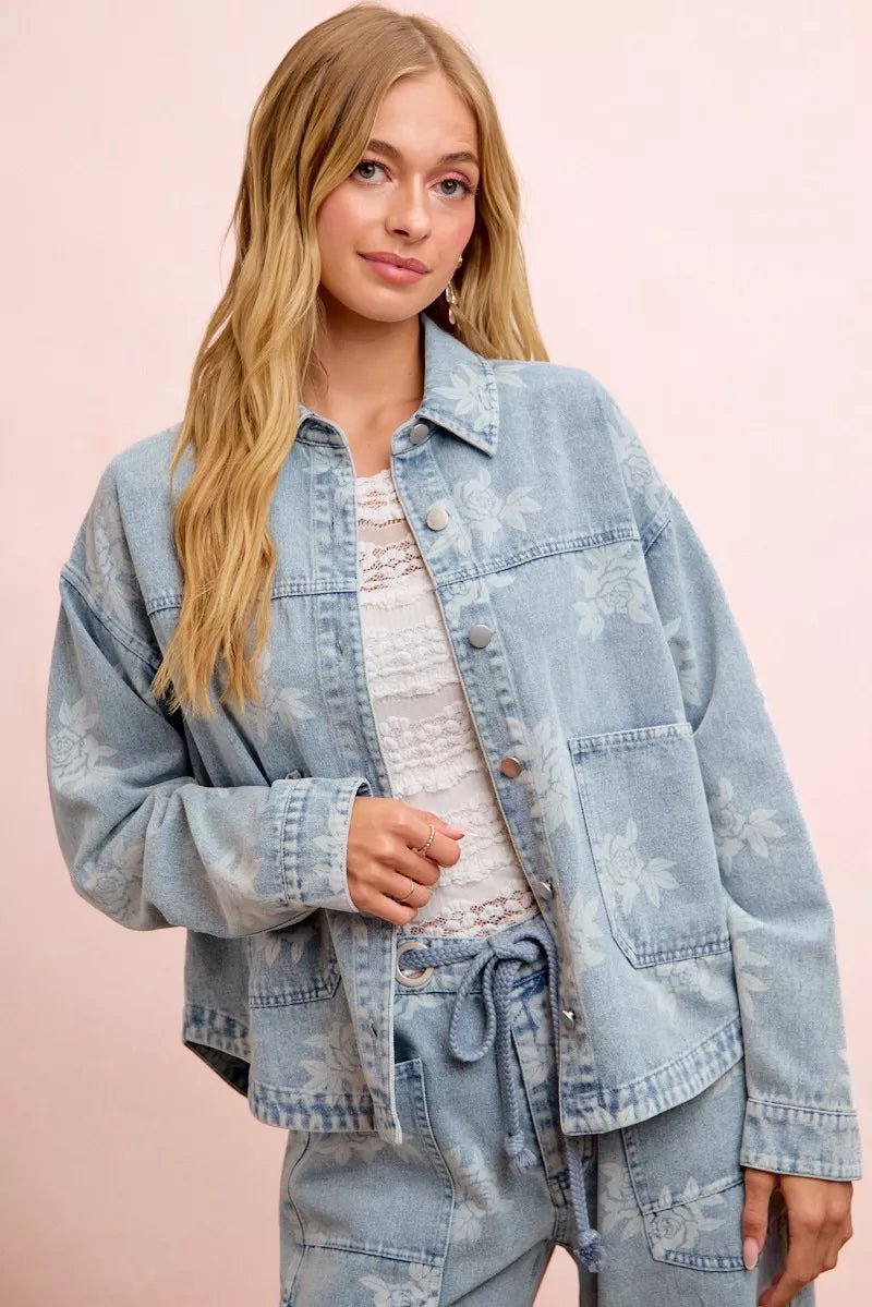 BiBi Printed Washed Denim Jacket With Pocket - Desert Sunday