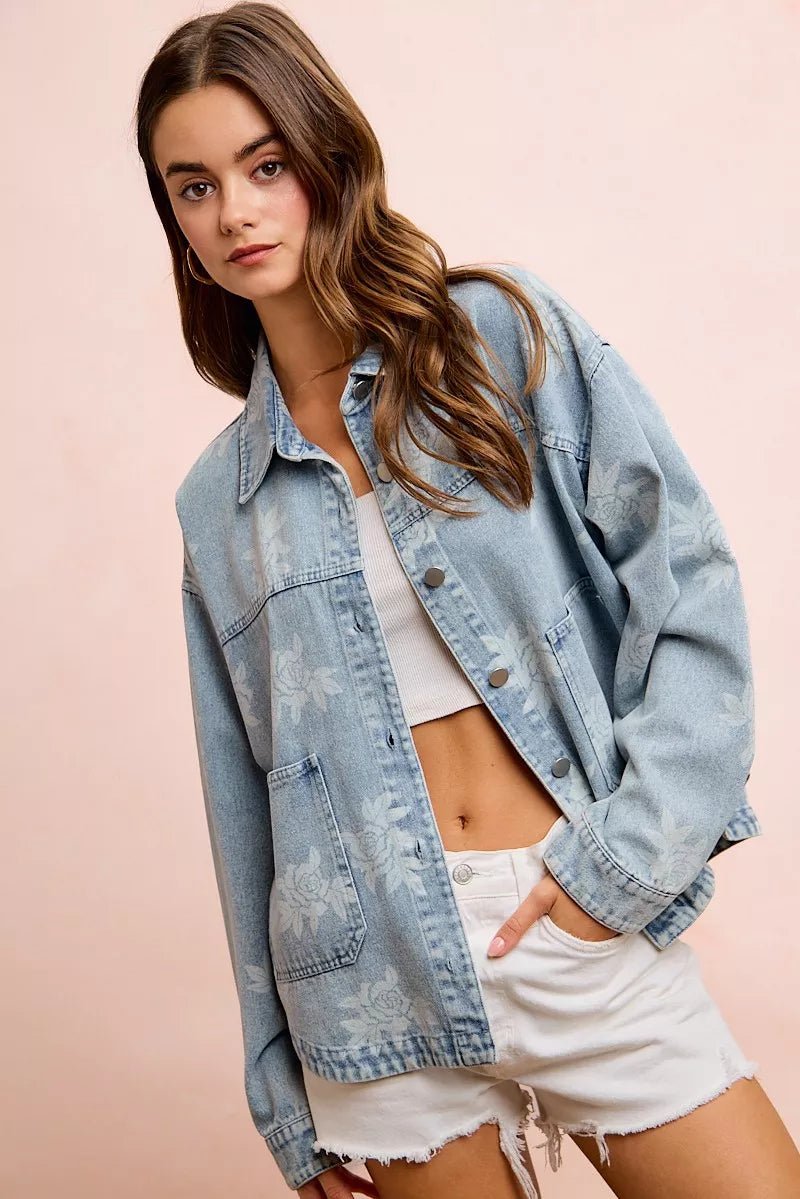 BiBi Printed Washed Denim Jacket With Pocket - Desert Sunday