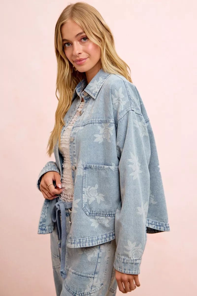 BiBi Printed Washed Denim Jacket With Pocket - Desert Sunday