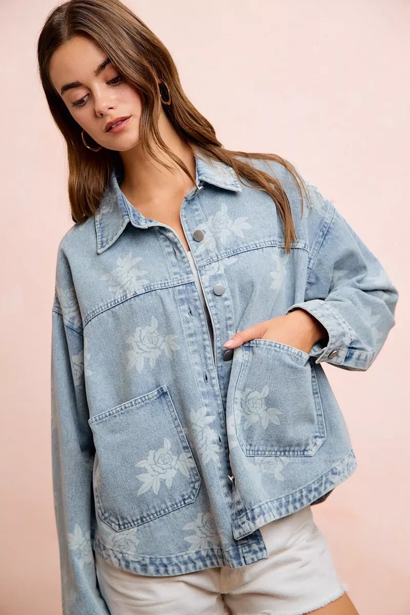 BiBi Printed Washed Denim Jacket With Pocket - Desert Sunday