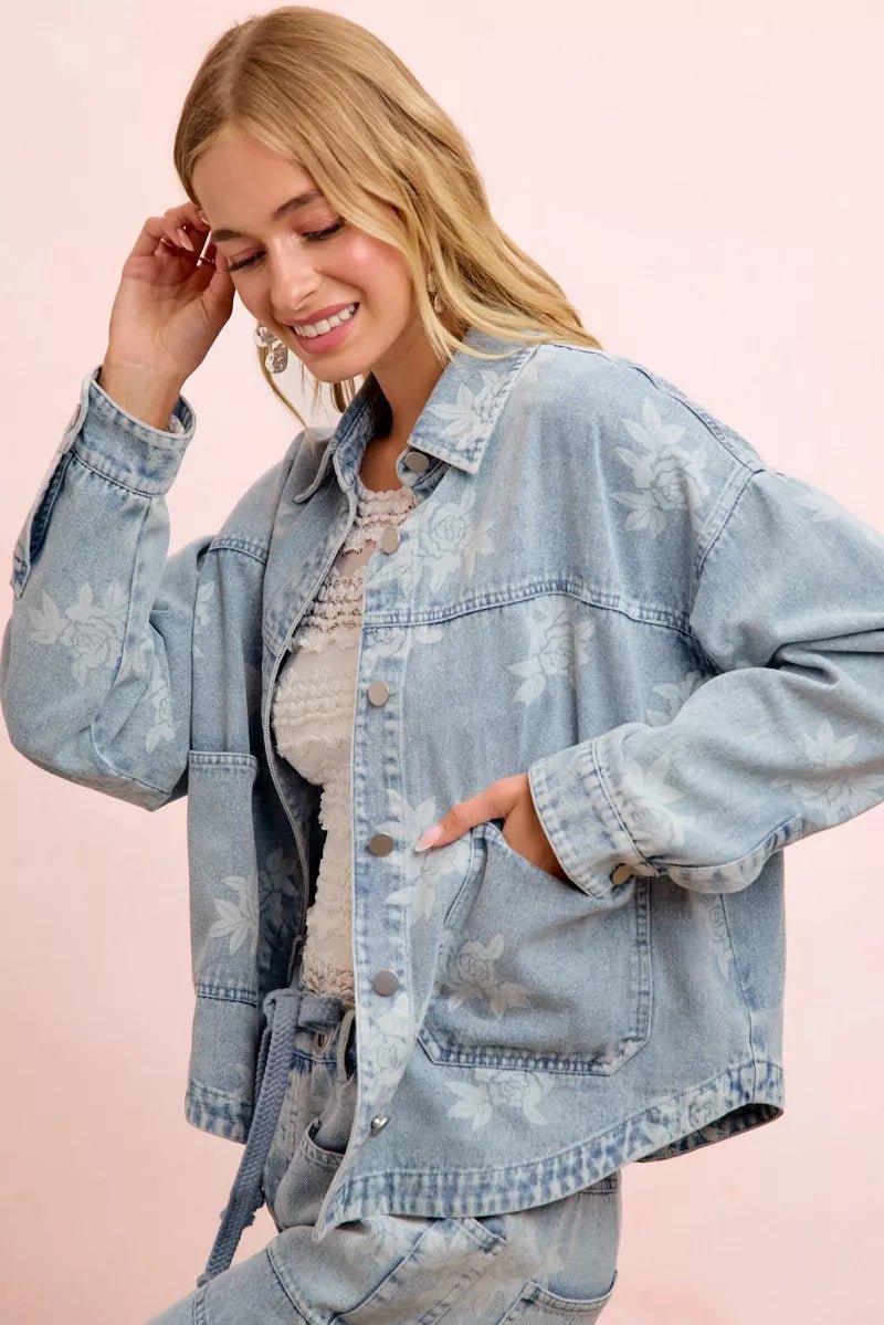 BiBi Printed Washed Denim Jacket With Pocket - Desert Sunday