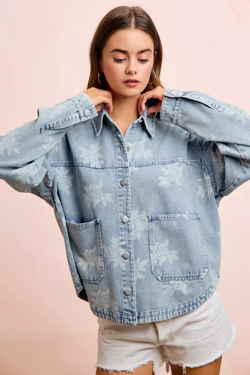 BiBi Printed Washed Denim Jacket With Pocket - Desert Sunday