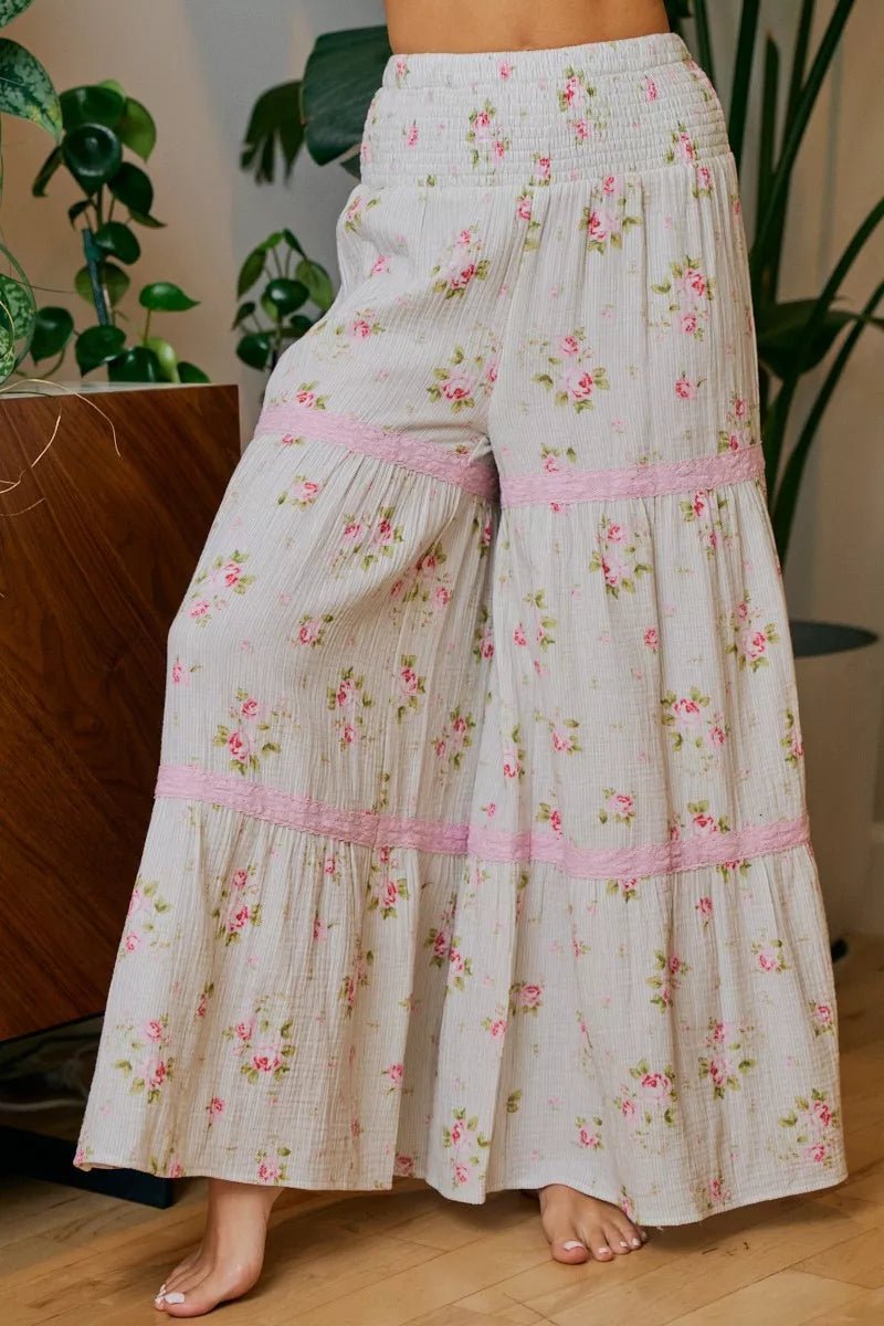 BiBi Rose Printed Gauze Trim Detail Smocked Maxi Pants - Desert Sunday