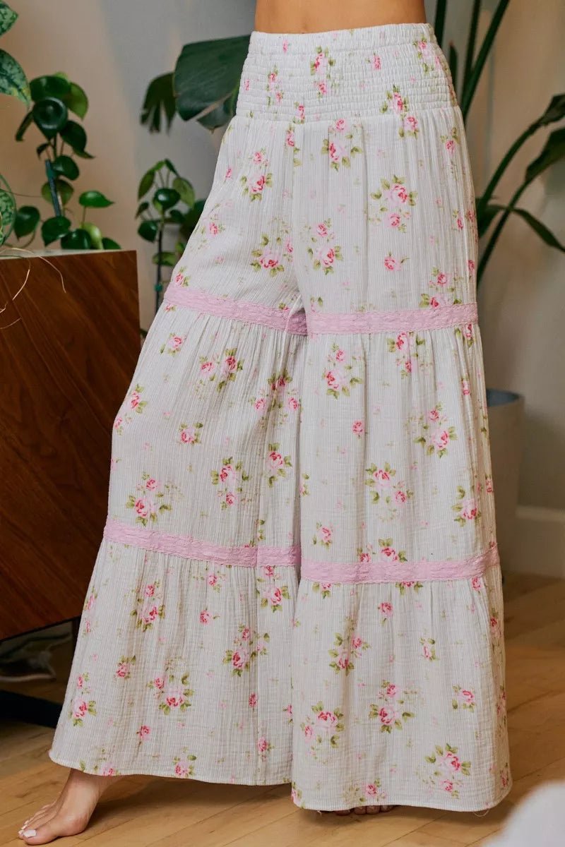 BiBi Rose Printed Gauze Trim Detail Smocked Maxi Pants - Desert Sunday