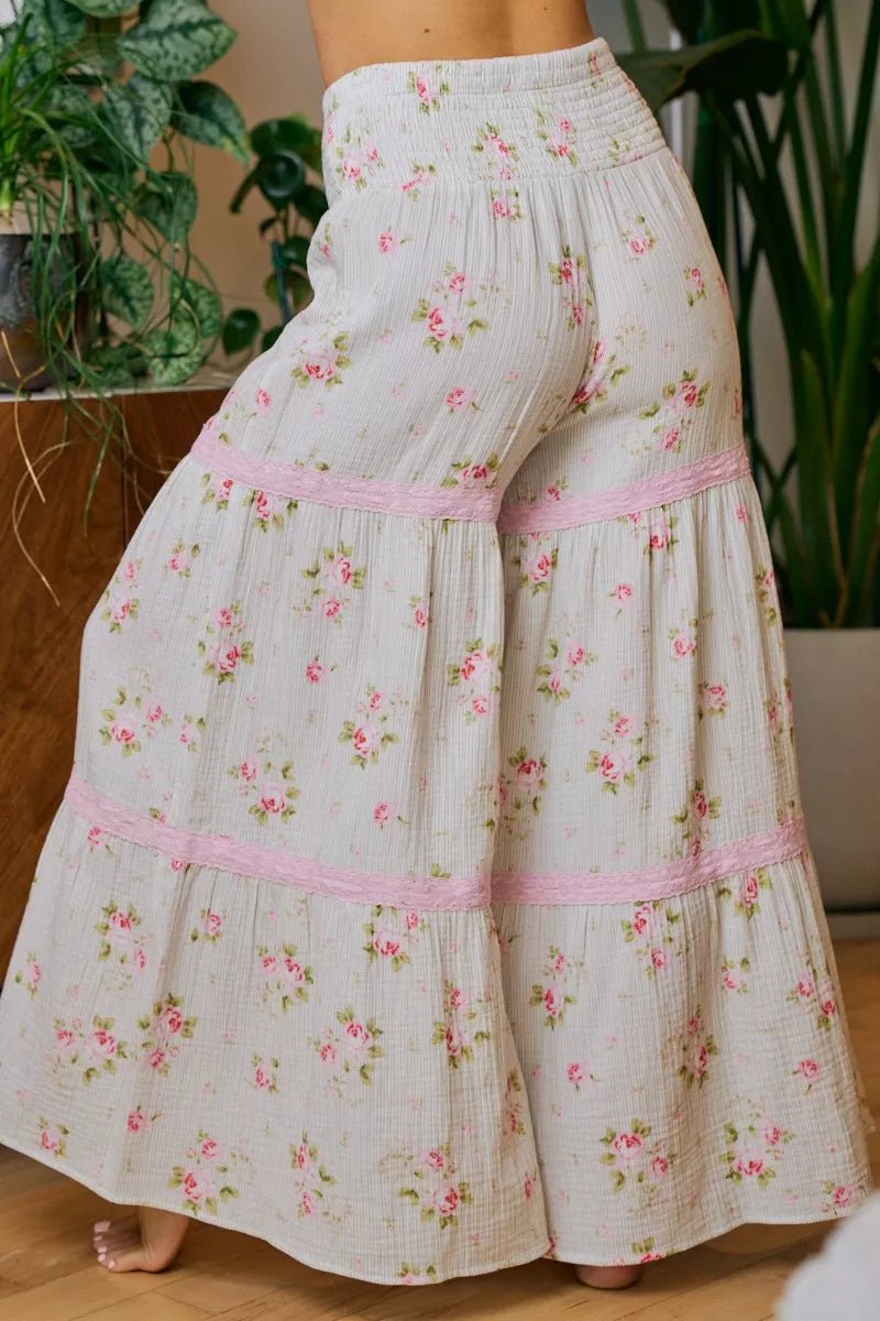 BiBi Rose Printed Gauze Trim Detail Smocked Maxi Pants - Desert Sunday