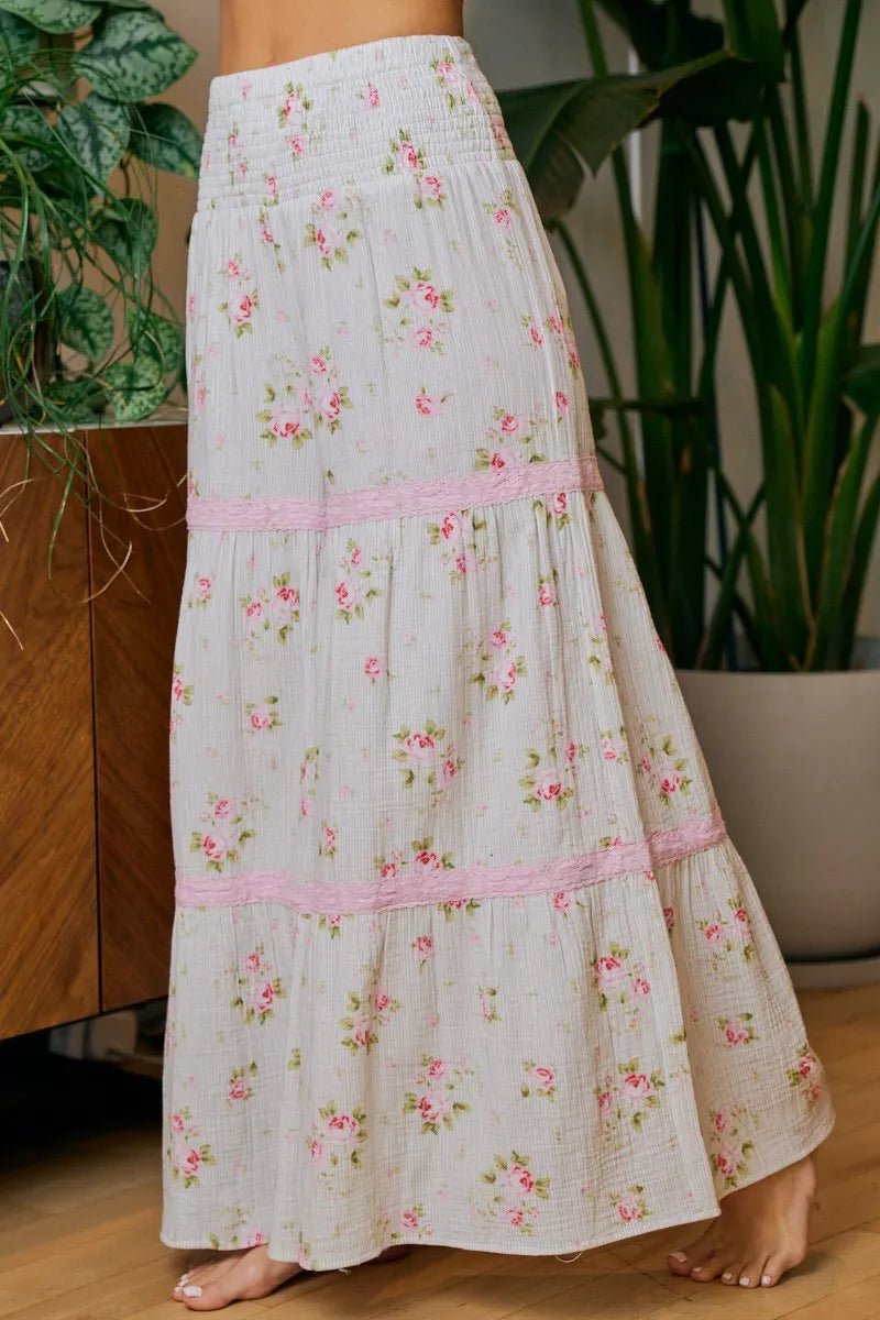 BiBi Rose Printed Gauze Trim Detail Smocked Maxi Pants - Desert Sunday