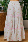BiBi Rose Printed Gauze Trim Detail Smocked Maxi Pants - Desert Sunday