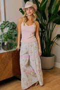 BiBi Rose Printed Gauze Trim Detail Smocked Maxi Pants - Desert Sunday