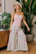 BiBi Rose Printed Gauze Trim Detail Smocked Maxi Pants - Desert Sunday