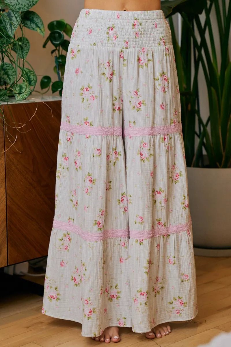 BiBi Rose Printed Gauze Trim Detail Smocked Maxi Pants - Desert Sunday