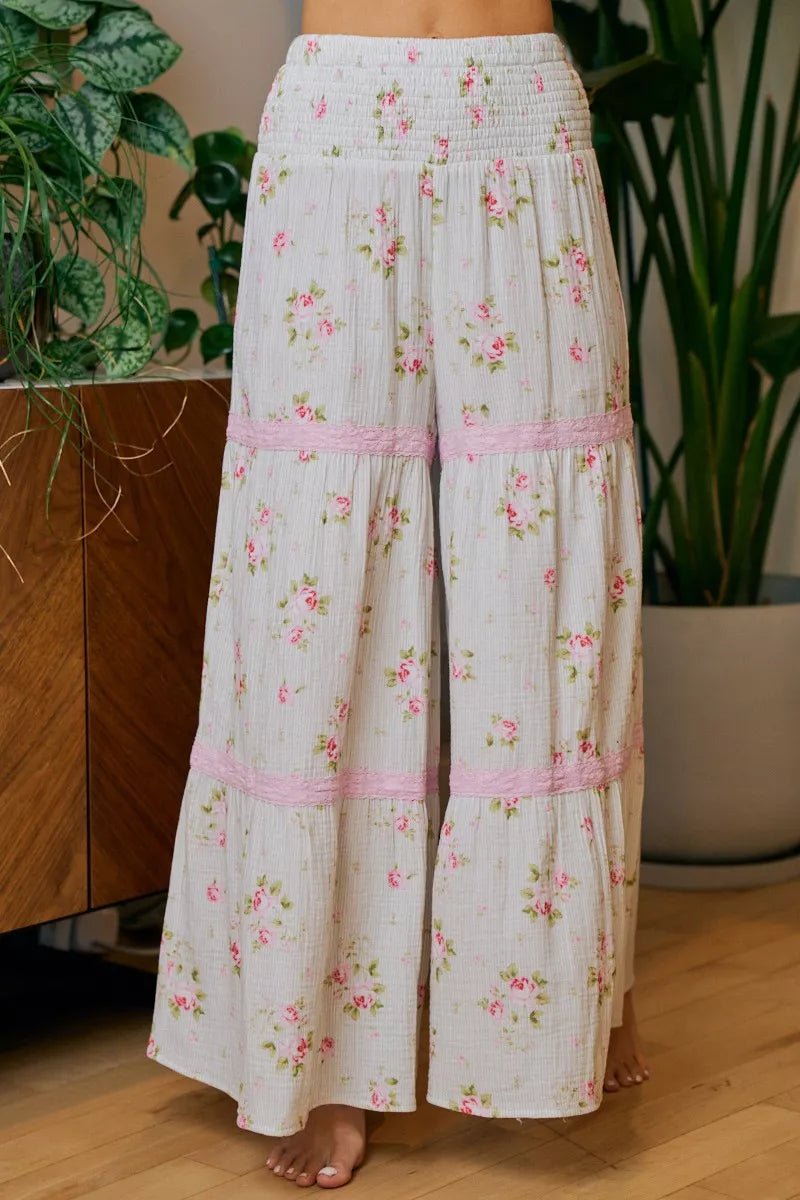 BiBi Rose Printed Gauze Trim Detail Smocked Maxi Pants - Desert Sunday