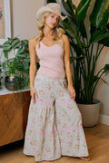 BiBi Rose Printed Gauze Trim Detail Smocked Maxi Pants - Desert Sunday