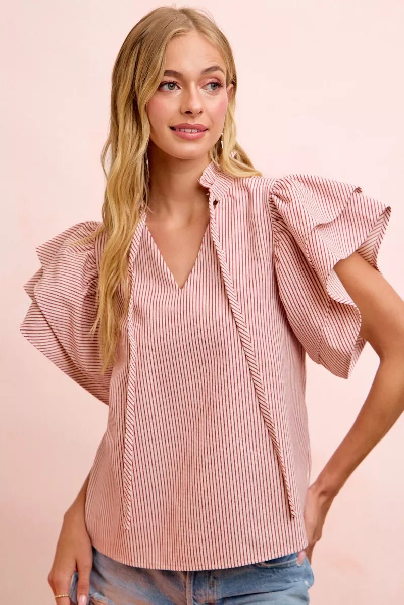 BiBi Twill Striped Ruffle Sleeve Blouse - Desert Sunday