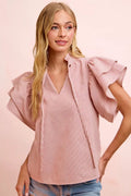 BiBi Twill Striped Ruffle Sleeve Blouse - Desert Sunday
