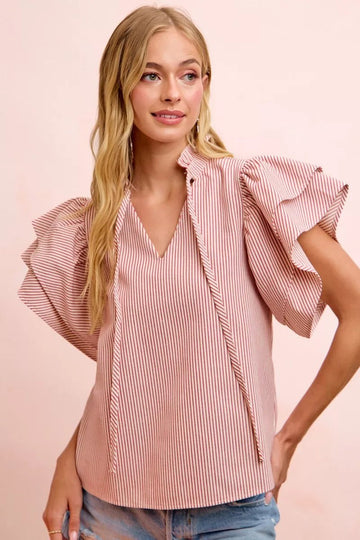 BiBi Twill Striped Ruffle Sleeve Blouse - Desert Sunday