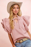BiBi Twill Striped Ruffle Sleeve Blouse - Desert Sunday