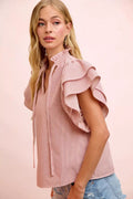 BiBi Twill Striped Ruffle Sleeve Blouse - Desert Sunday