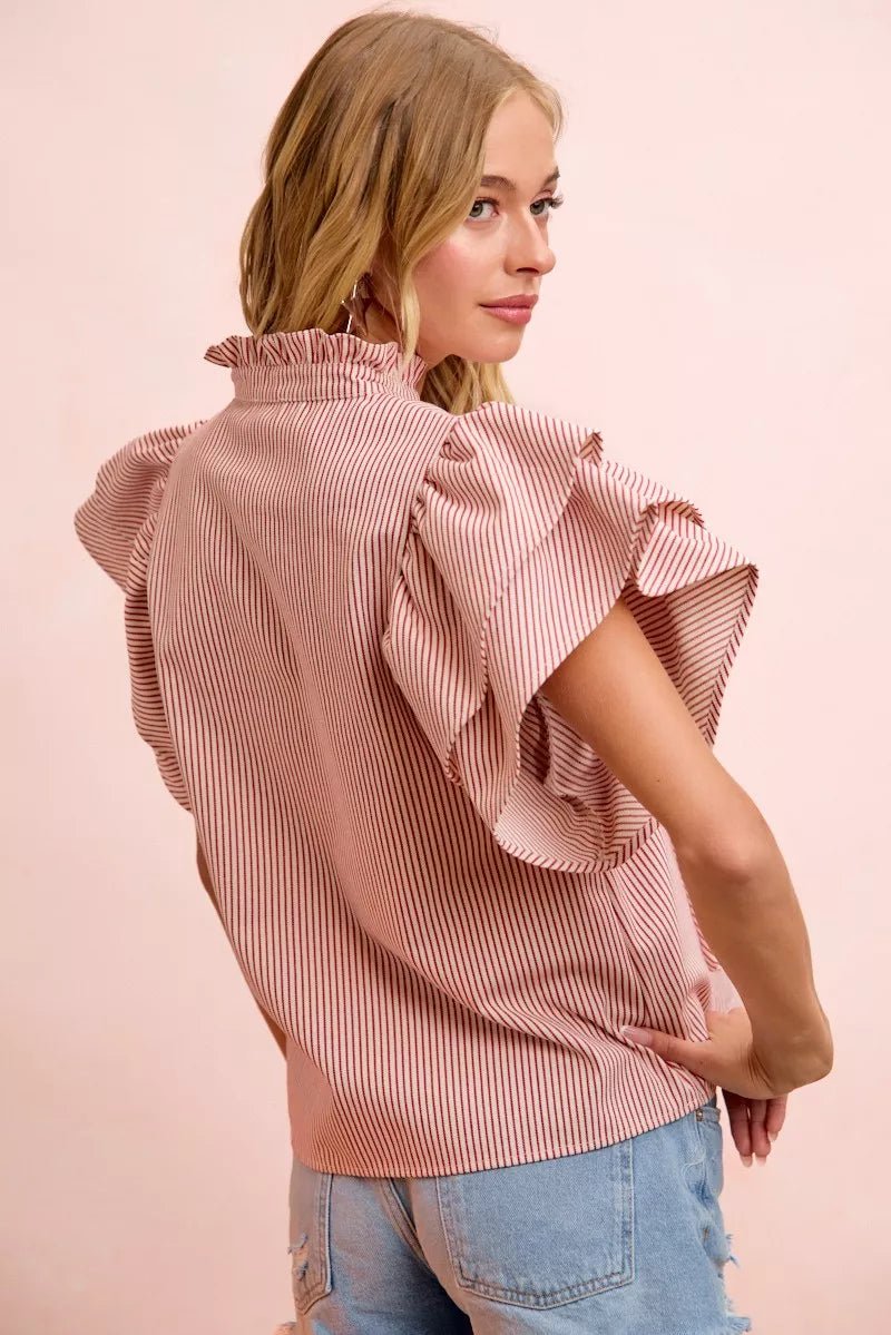 BiBi Twill Striped Ruffle Sleeve Blouse - Desert Sunday