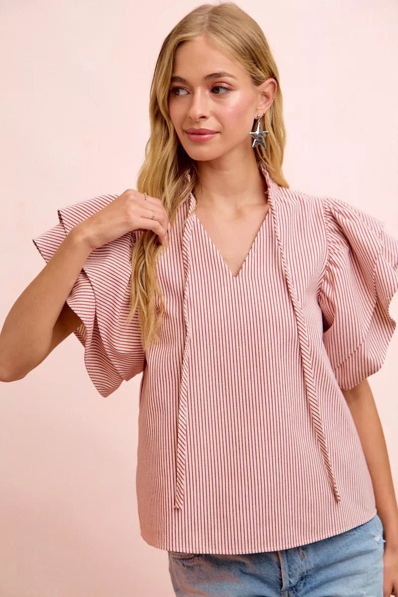 BiBi Twill Striped Ruffle Sleeve Blouse - Desert Sunday