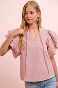 BiBi Twill Striped Ruffle Sleeve Blouse - Desert Sunday