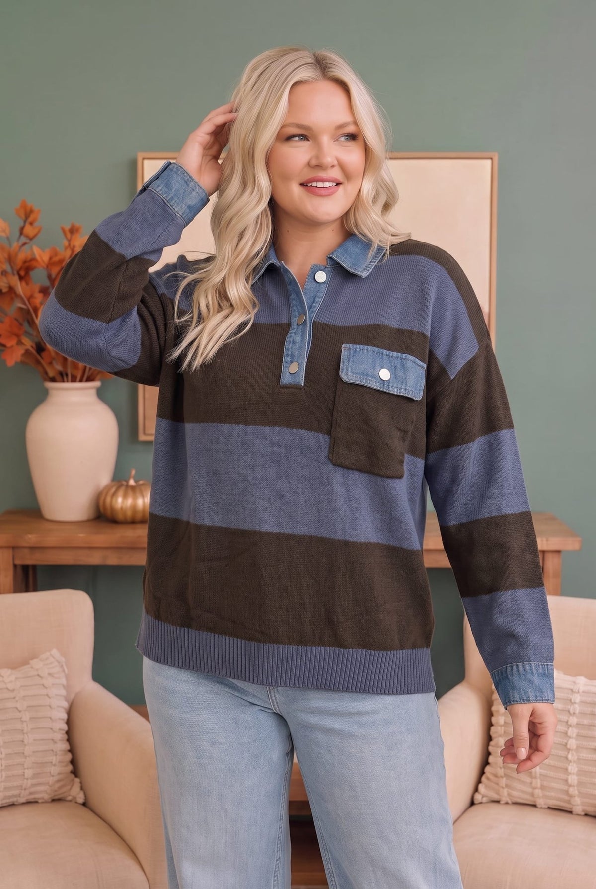 Blueberry Fields Striped Denim Collar Sweater - Desert Sunday