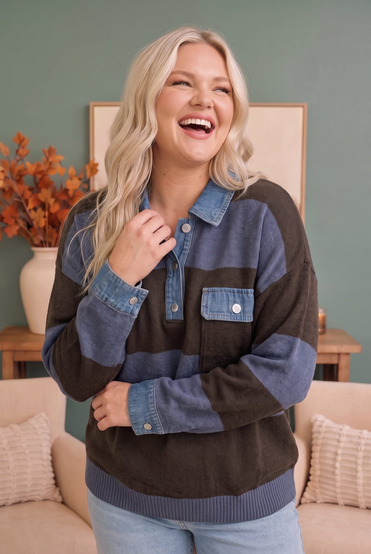 Blueberry Fields Striped Denim Collar Sweater - Desert Sunday