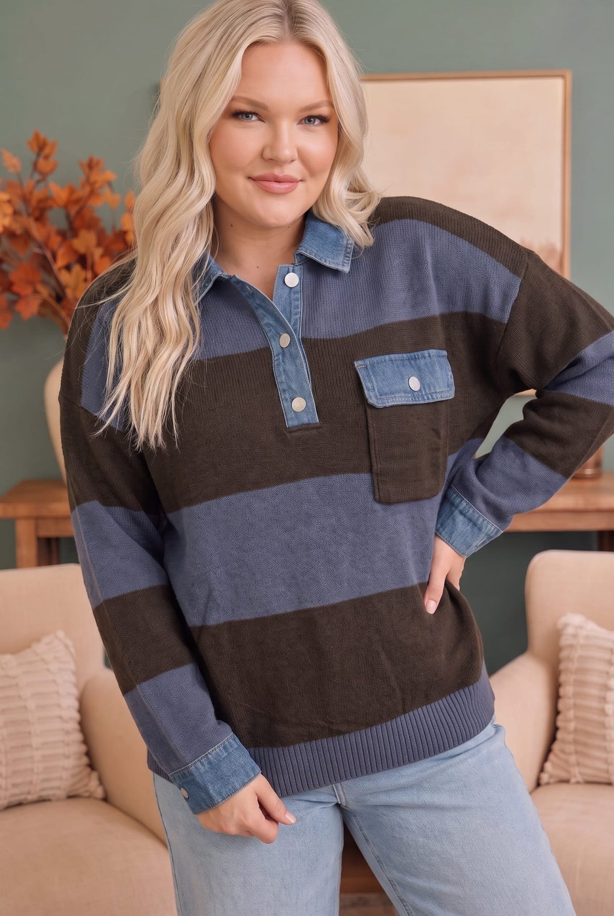 Blueberry Fields Striped Denim Collar Sweater - Desert Sunday