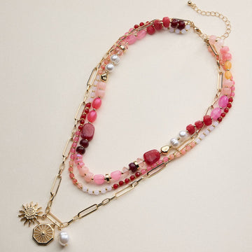 Sun Charm Layered Beaded Necklace in Pink