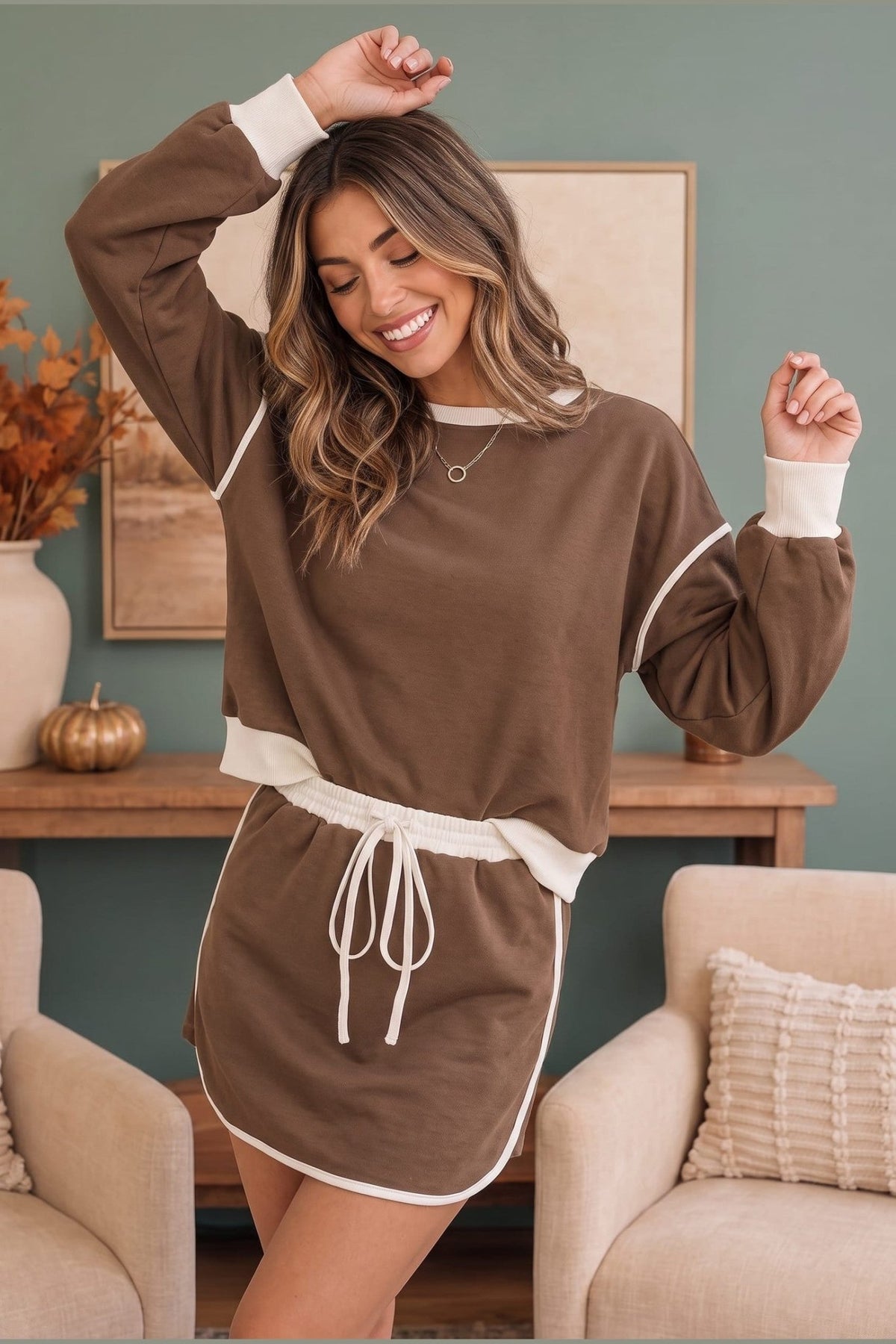 Coffee Run Mocha Sweatshirt and Mini Skort Set - Desert Sunday