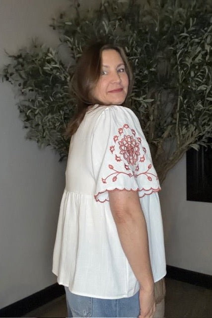 Coral Meadow Embroidered Blouse - Desert Sunday
