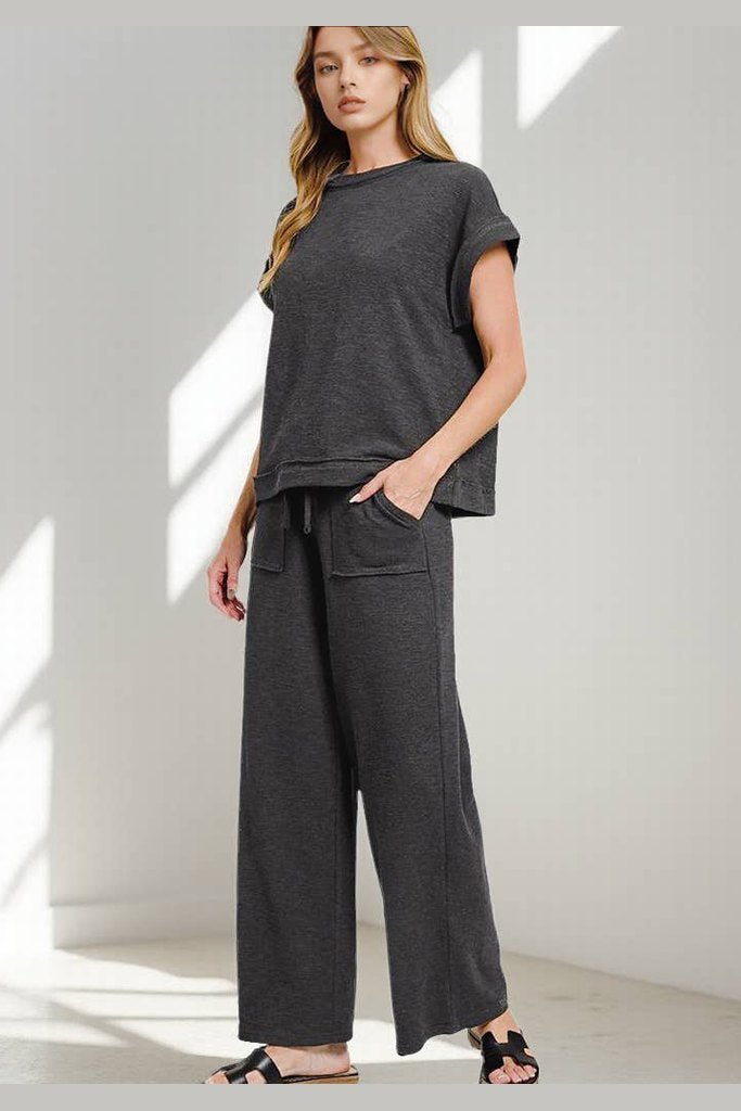 Cotton Slub Ribbed Tee & Pants 2pc Set Zenana In Black - Desert Sunday